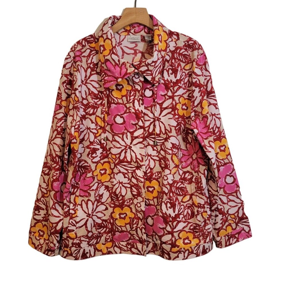 Chicos Zenergy Floral Jacket Bright Pink Floral‎ Light Pockets Size 3 US Size XL